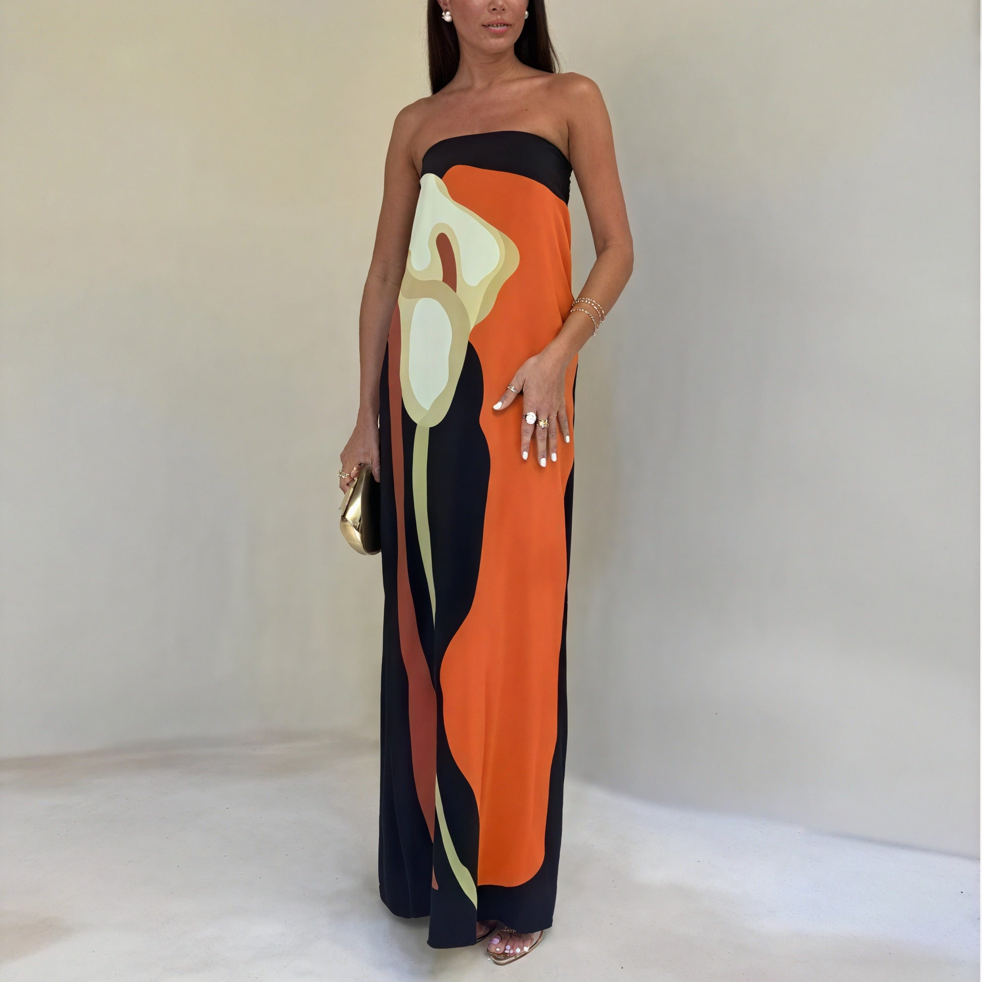 Vestido Maxi Estampado Abstracto y Asimétrico