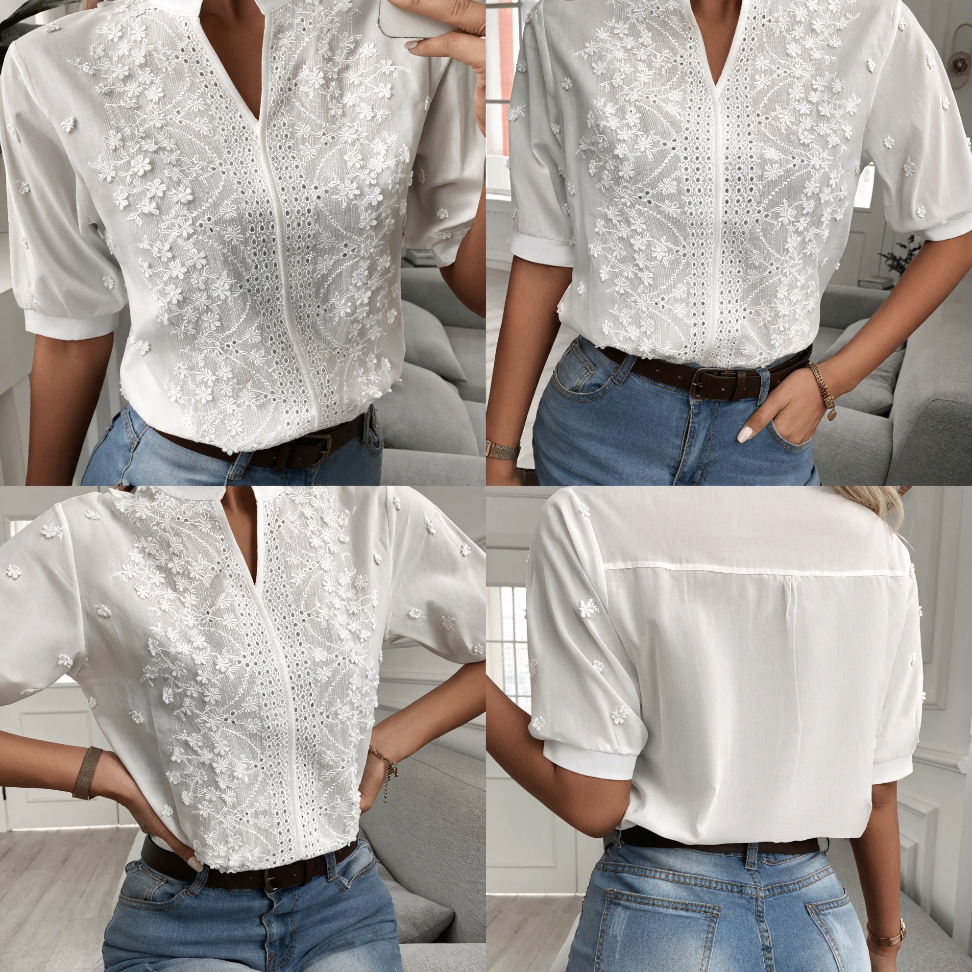 Blusa Bordada con Detalles Calados