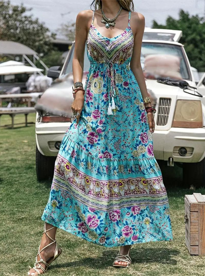 Vestido Maxi Estampado Floral con Detalle de Lazos