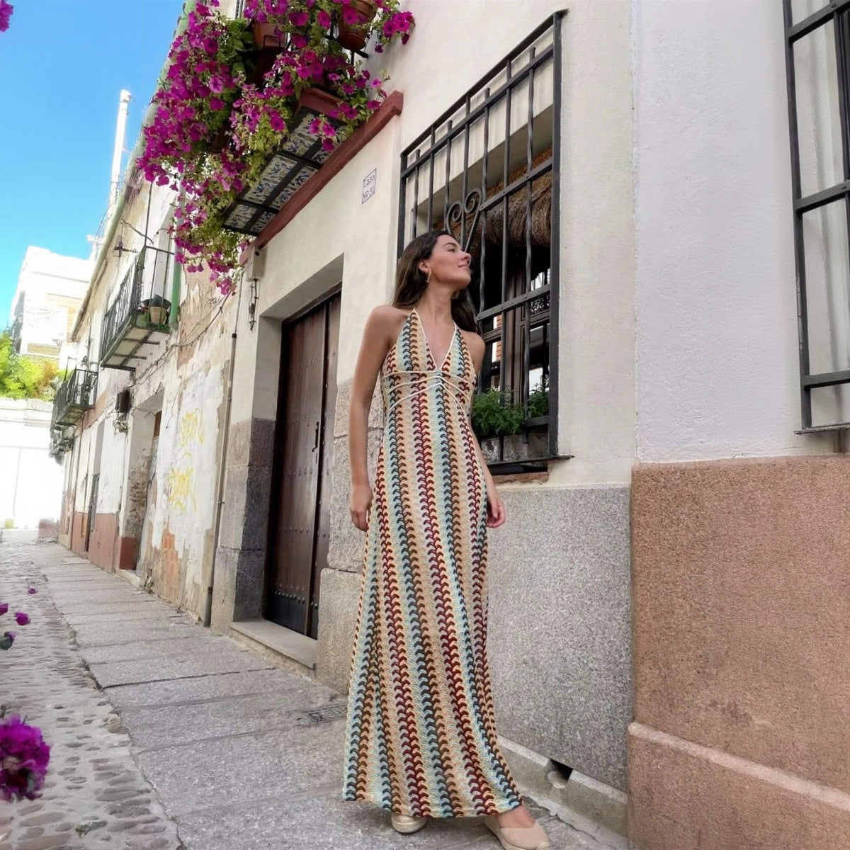 Vestido Halter Largo Estampado Chic