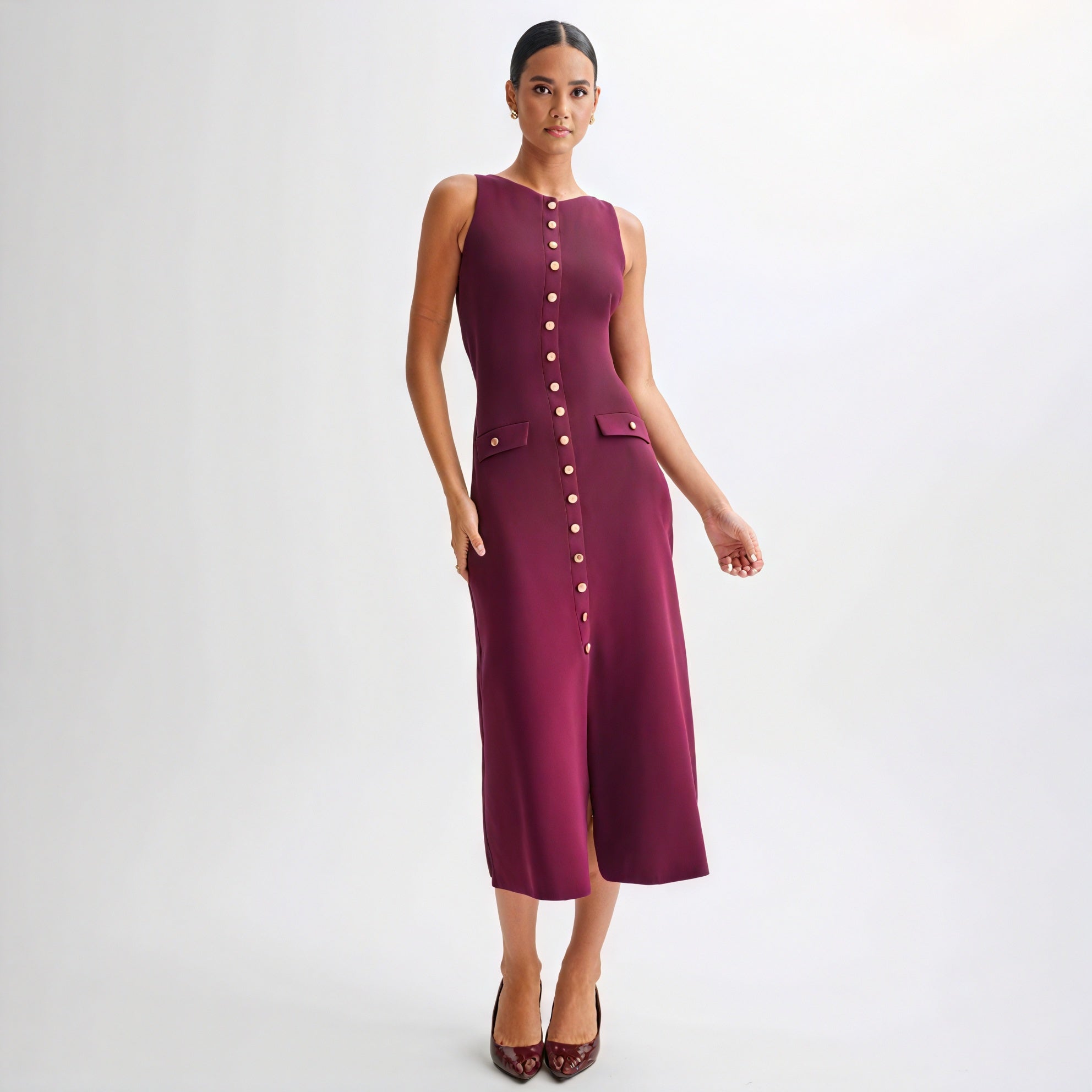 Vestido Midi Chic con Botones Dorados