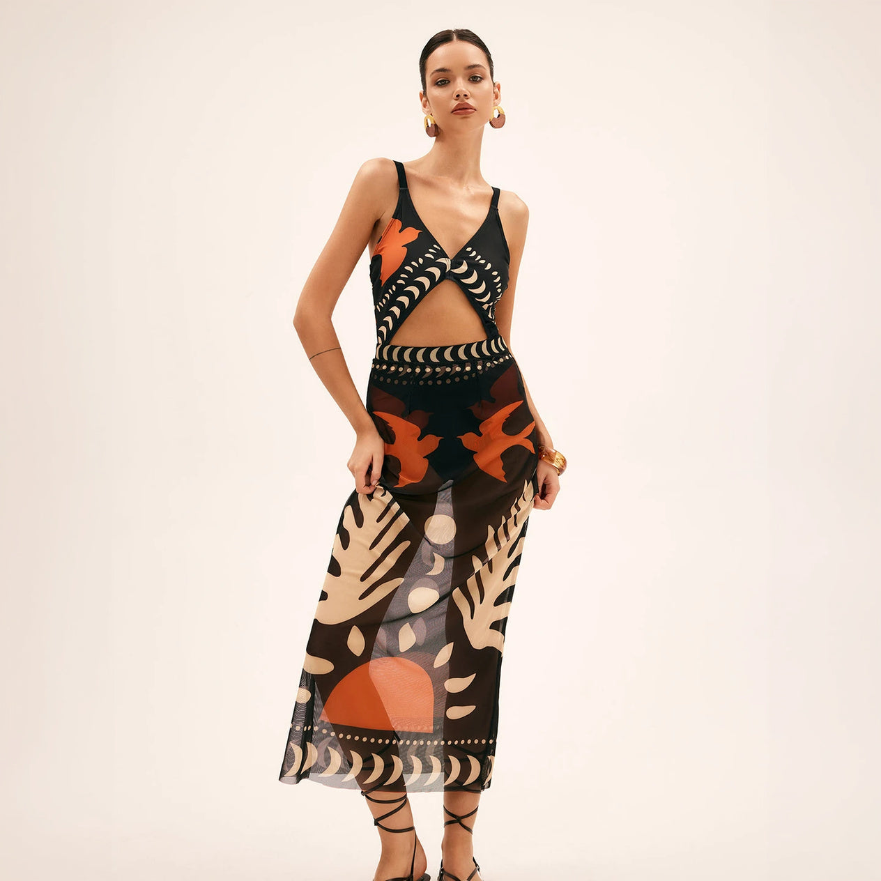 Vestido Maxi Estampado Abstracto con Abertura