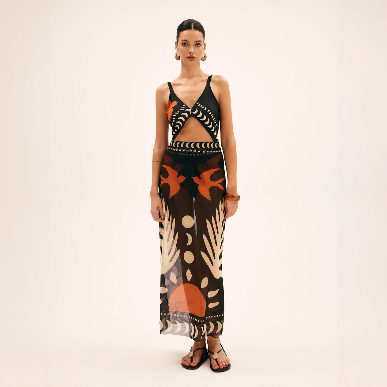 Vestido Maxi Estampado Abstracto con Abertura