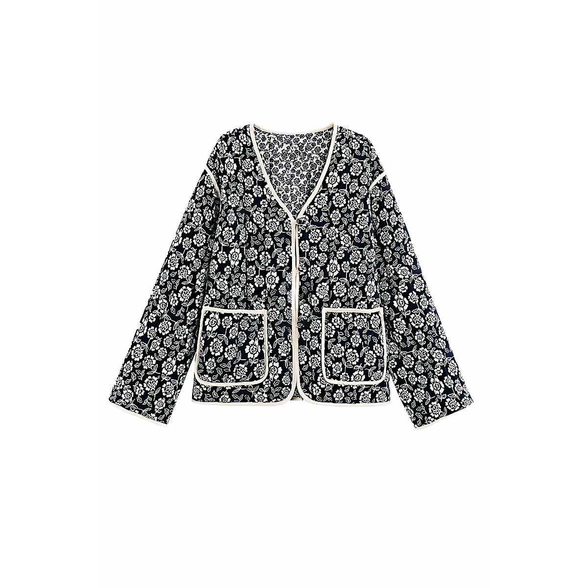 Chaqueta Estampada Floral con Ribete en Contraste