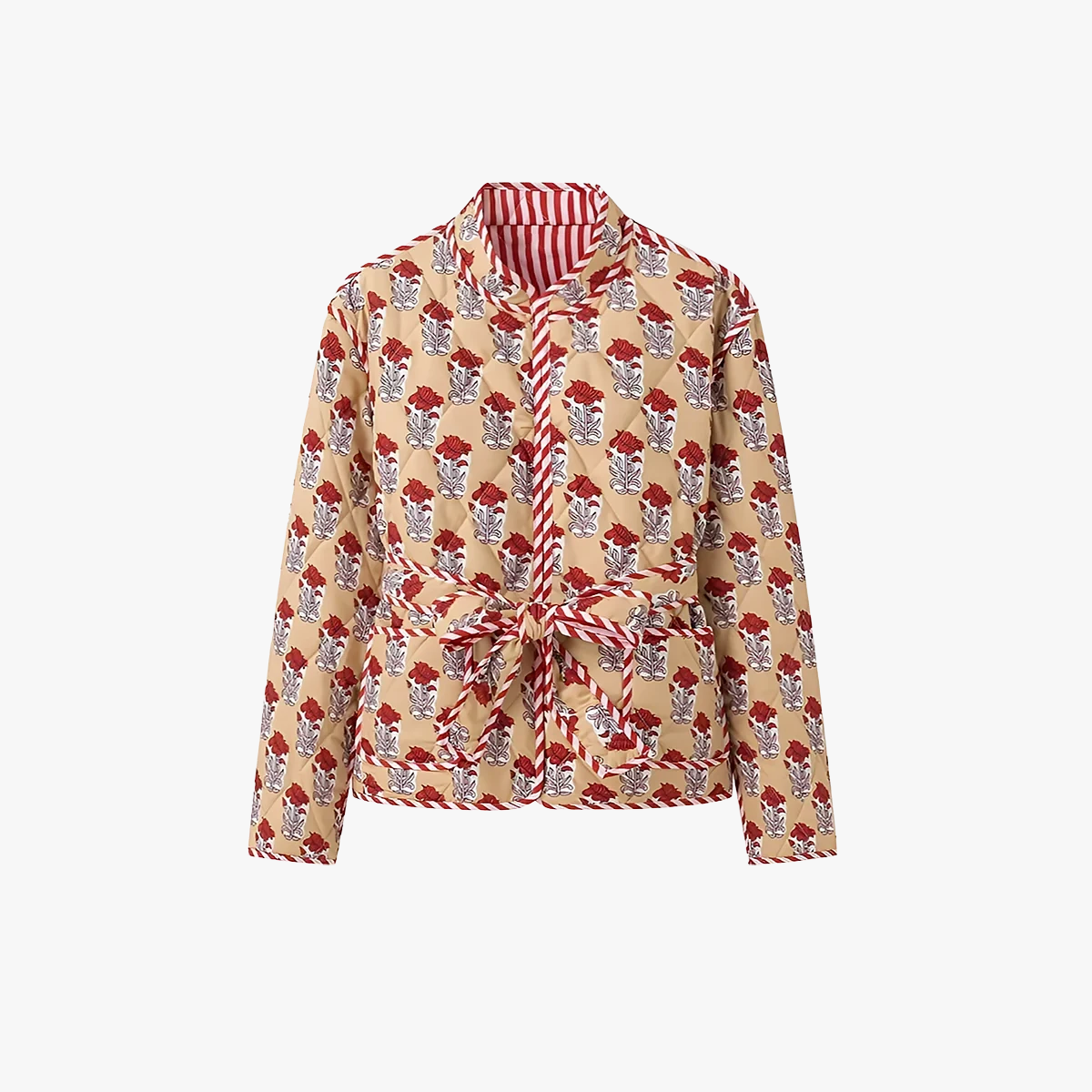 Chaqueta Acolchada Floral Reversible con Cinturón