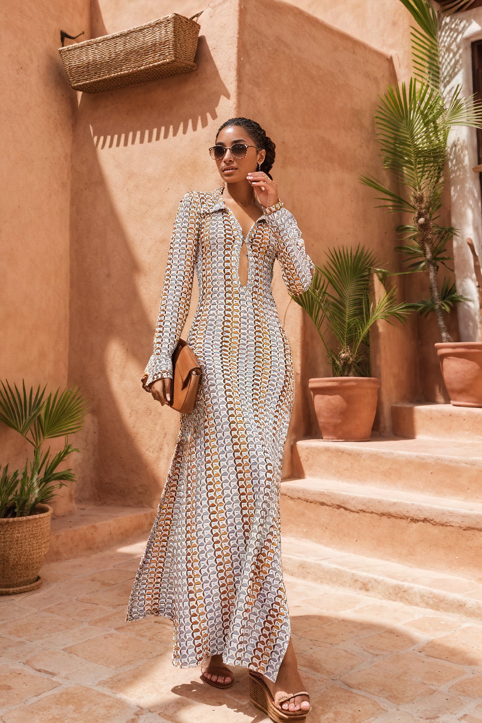 Vestido Maxi Estampado Geométrico con Cuello