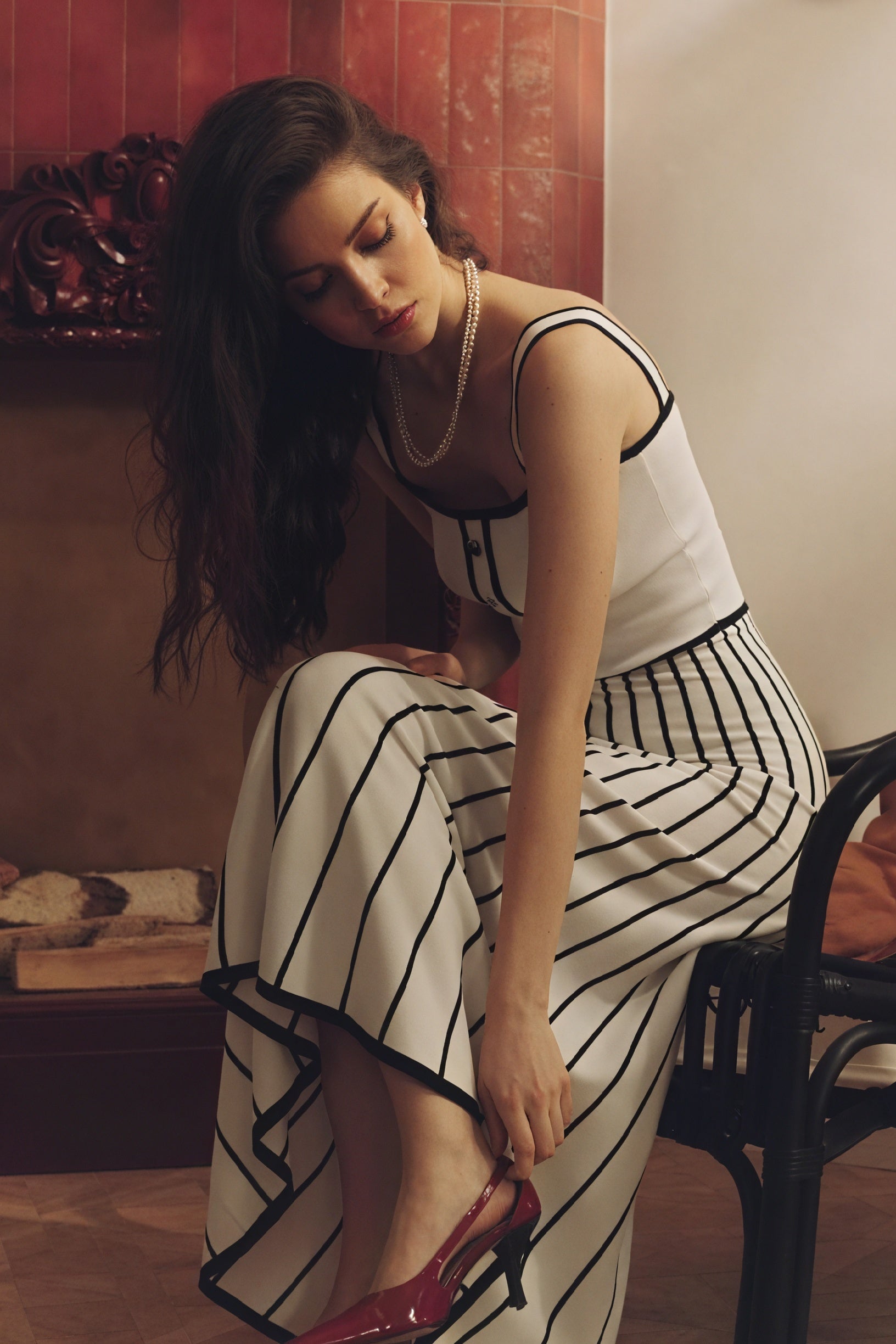 Vestido Midi con Botones y Falda Rayada