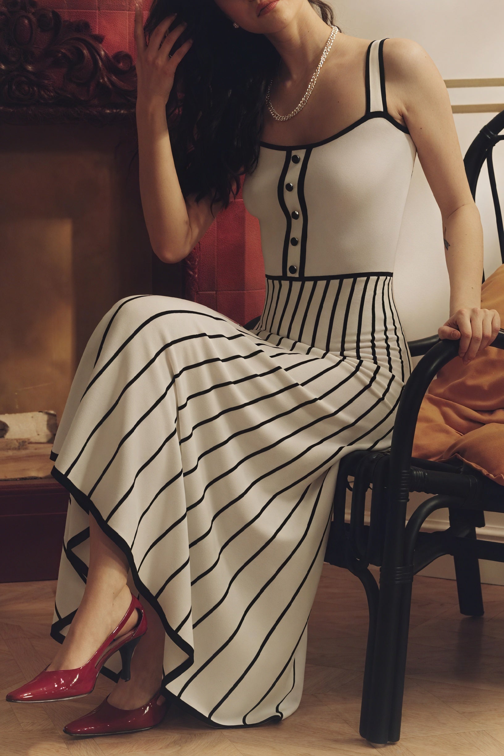Vestido Midi con Botones y Falda Rayada