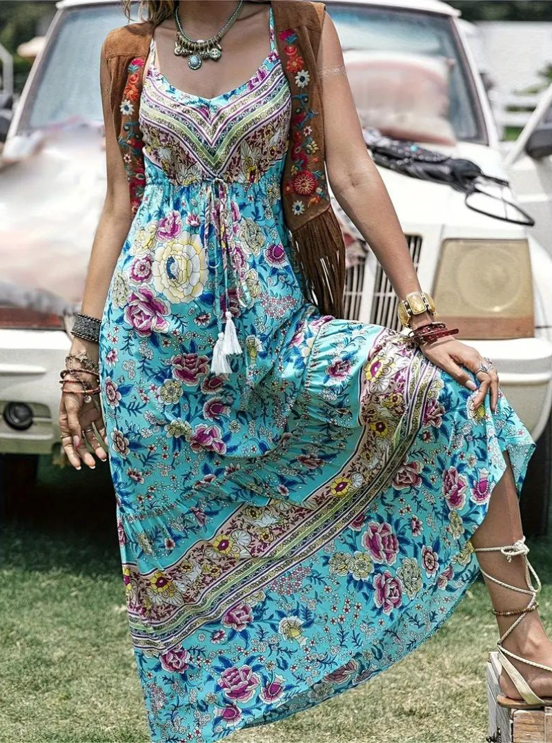 Vestido Maxi Estampado Floral con Detalle de Lazos