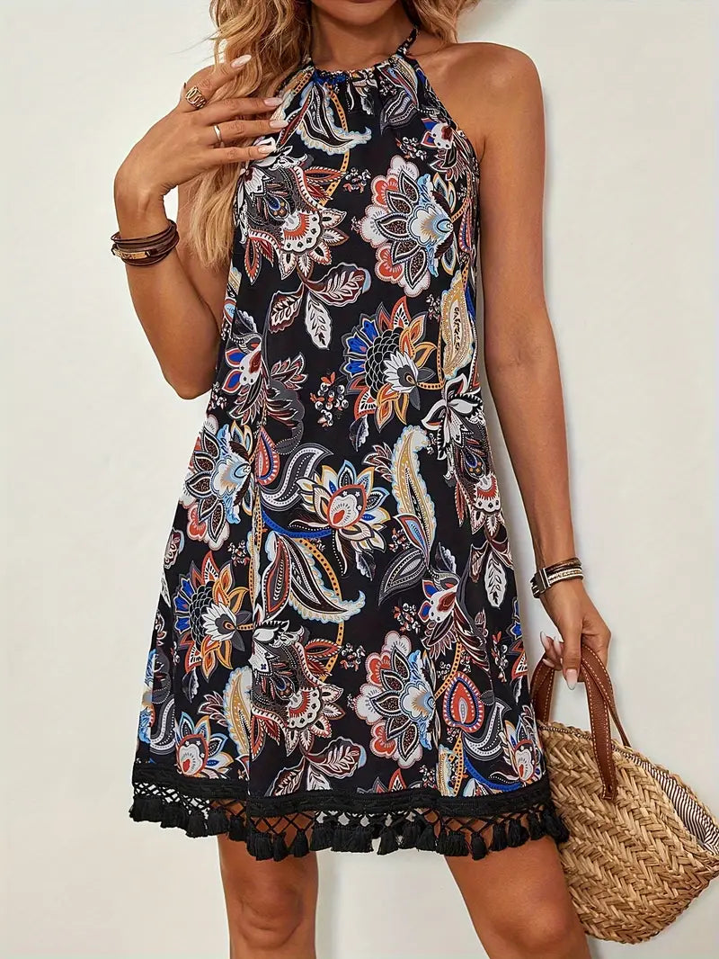 Vestido Floral Halter con Flecos