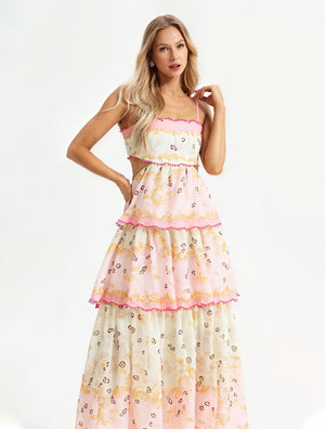 Vestido Floral Escalonado con Detalles Cut-Out