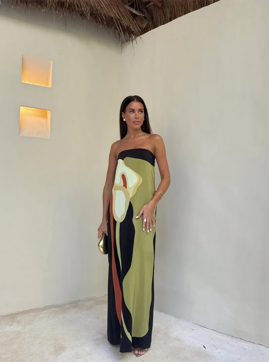 Vestido Maxi Estampado Abstracto y Asimétrico