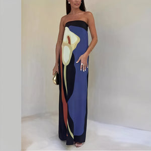 Vestido Maxi Estampado Abstracto y Asimétrico