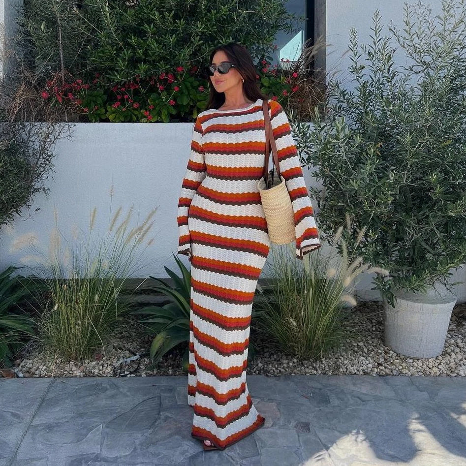 Vestido Maxi de Punto con Rayas Horizontales