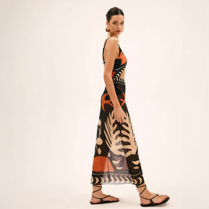 Vestido Maxi Estampado Abstracto con Abertura