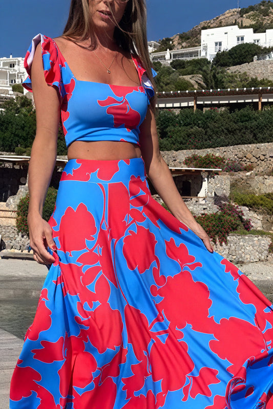 Conjunto Floral Chic: Top Corto y Falda Maxi