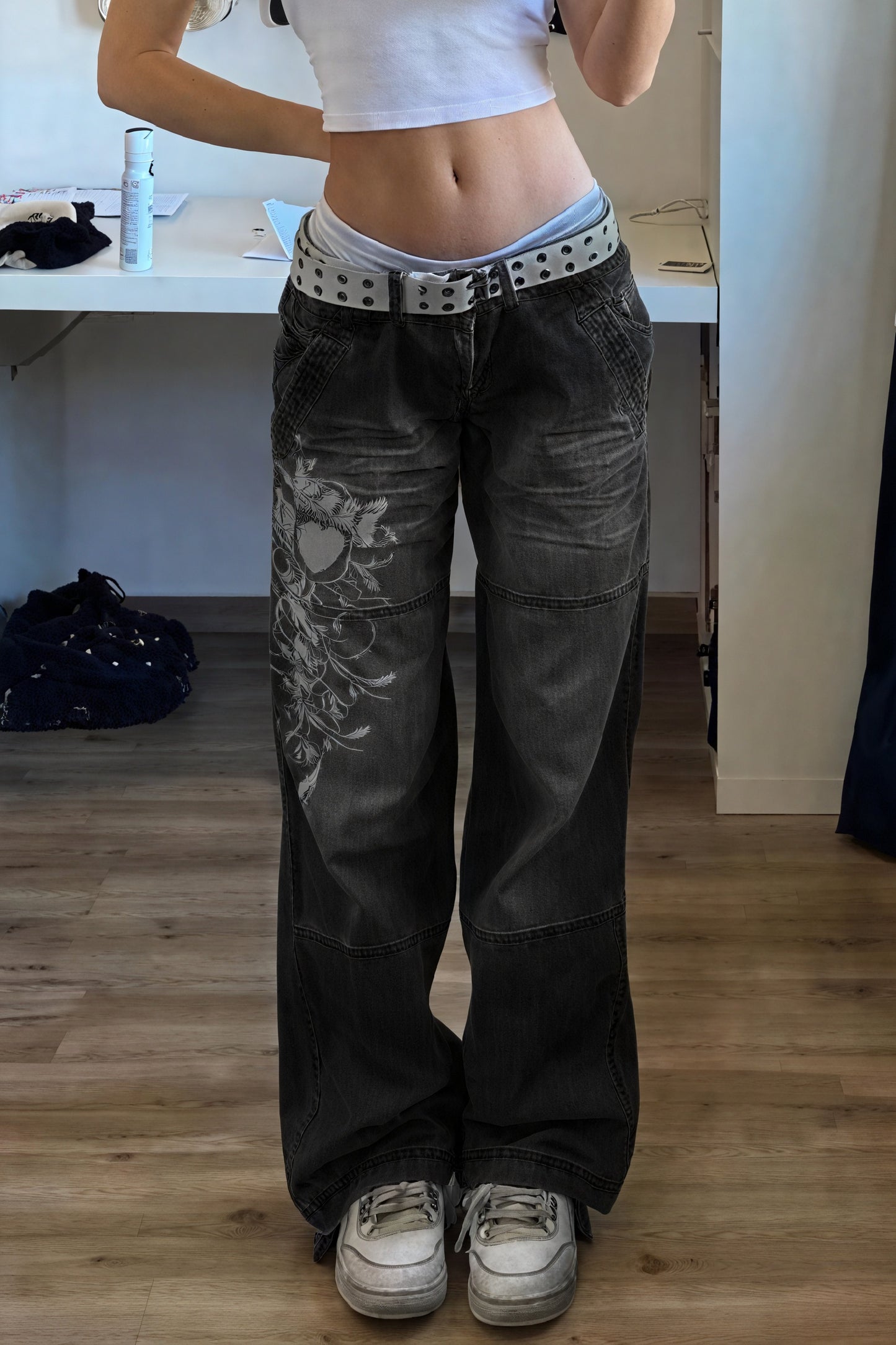Vaqueros Baggy de Tiro Alto con Diseño Floral