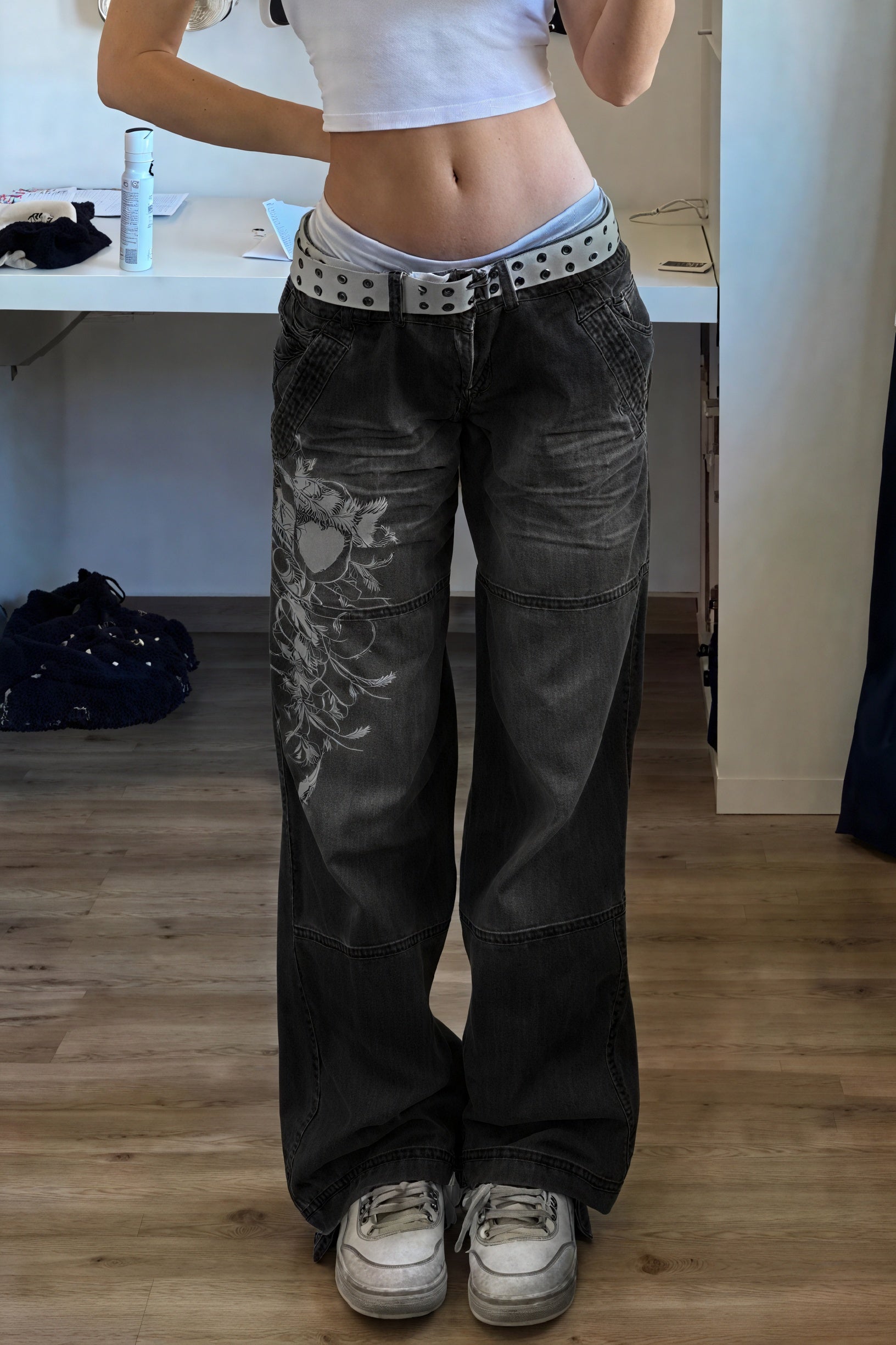 Vaqueros Baggy de Tiro Alto con Diseño Floral