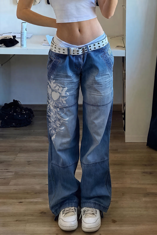 Vaqueros Baggy de Tiro Alto con Diseño Floral