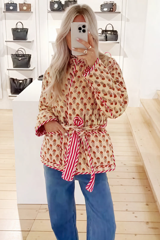 Chaqueta Acolchada Floral Reversible con Cinturón