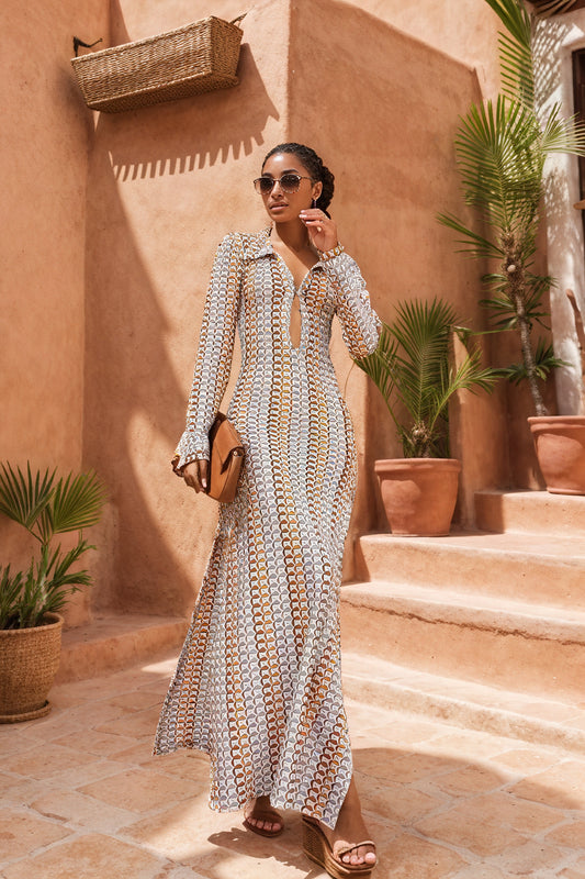 Vestido Maxi Estampado Geométrico con Cuello