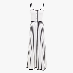 Vestido Midi con Botones y Falda Rayada