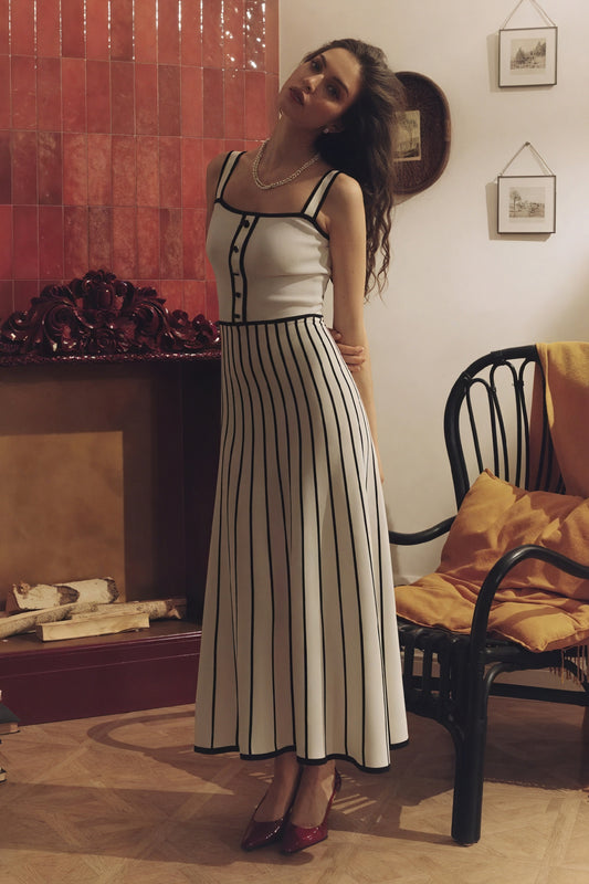 Vestido Midi con Botones y Falda Rayada