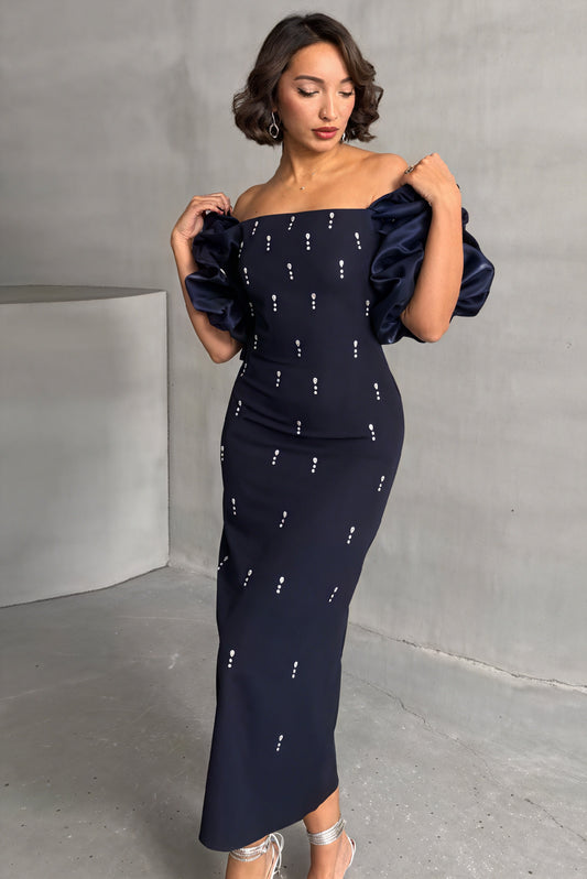 Vestido Midi con Mangas Abullonadas y Detalles