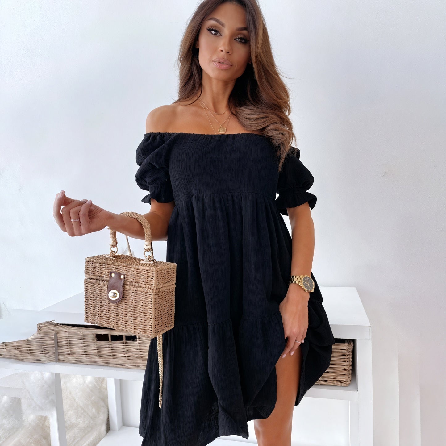 Vestido Ligero con Textura y Mangas Abullonadas
