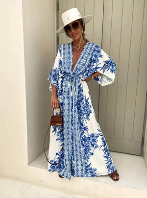 Vestido Maxi Floral Estilo Kimono