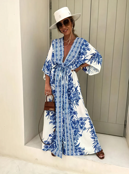 Vestido Maxi Floral Estilo Kimono