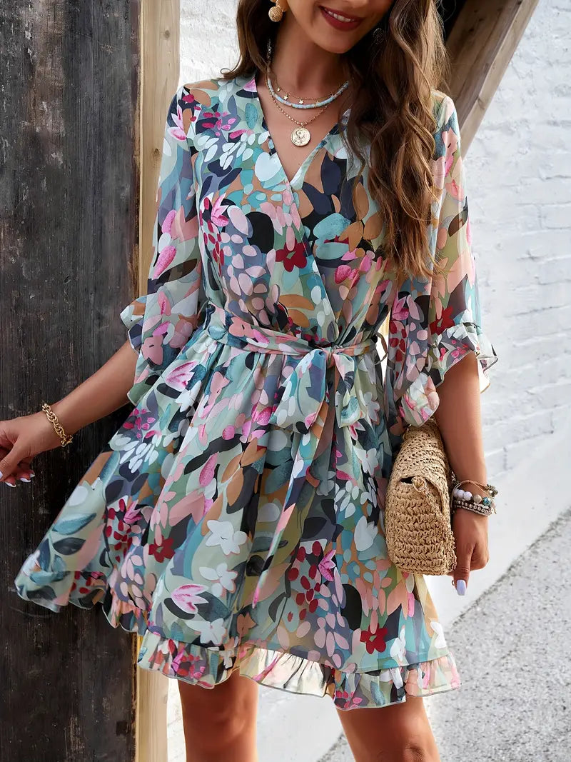 Vestido Floral Cruzado con Volantes