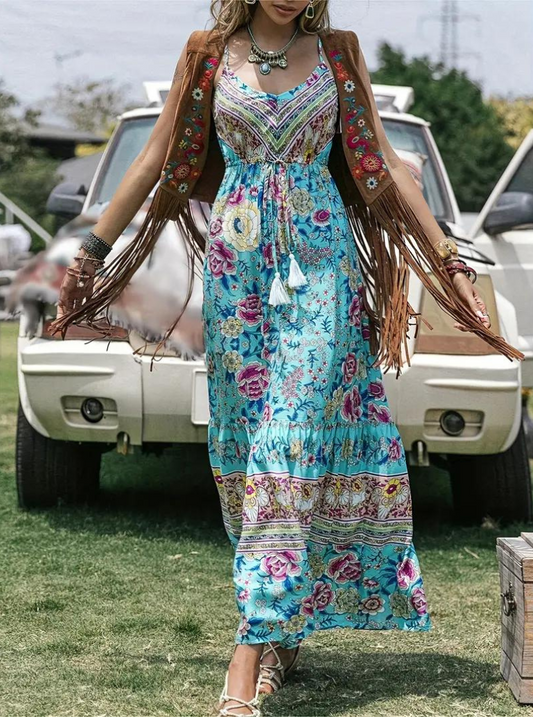 Vestido Maxi Estampado Floral con Detalle de Lazos