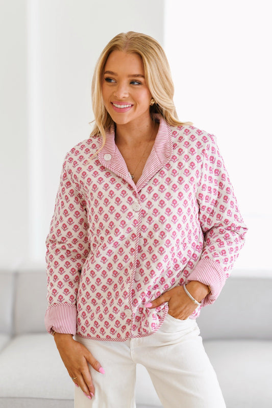 Blusa Floral Estampada con Detalles Rayados