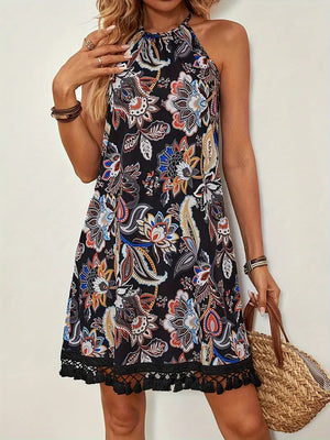 Vestido Floral Halter con Flecos